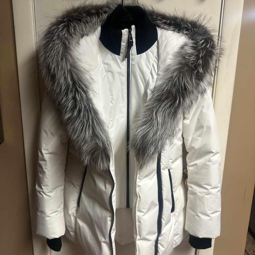 Mackage White Puffer Coat with Gray Fur Trim